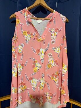 Simply Southern Coral Pink Sleeveless crazy cow Skull Floral Top
